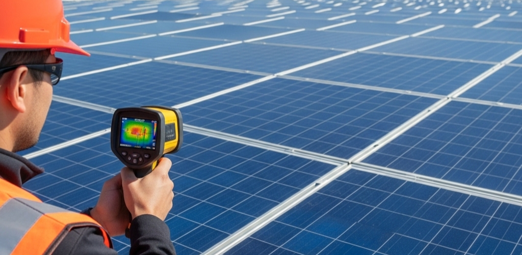 Solar engineer analyzing solar PV panel via thermal imaging